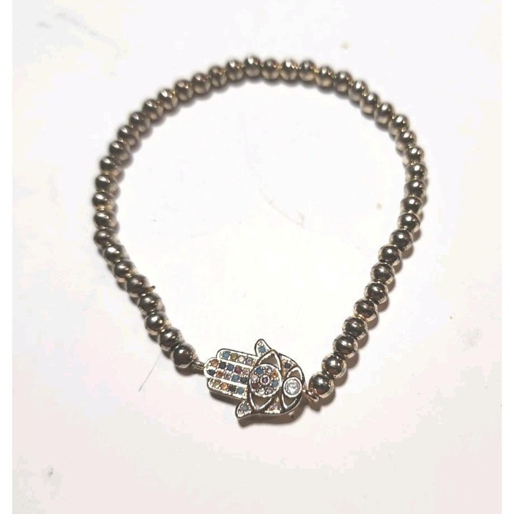 Hamsa Evil Eye Beaded Bracelet Gold Tone Beads
